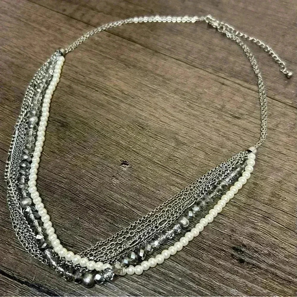 Silver Tone Faux Pearls and Crystal Beads 7 Strand Necklace - Picture 1 of 3